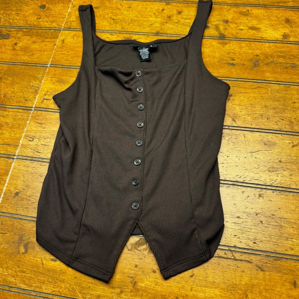 Just Polly‎ Brown Ribbed Button Front Tank Top Split Hem Vest Womens M